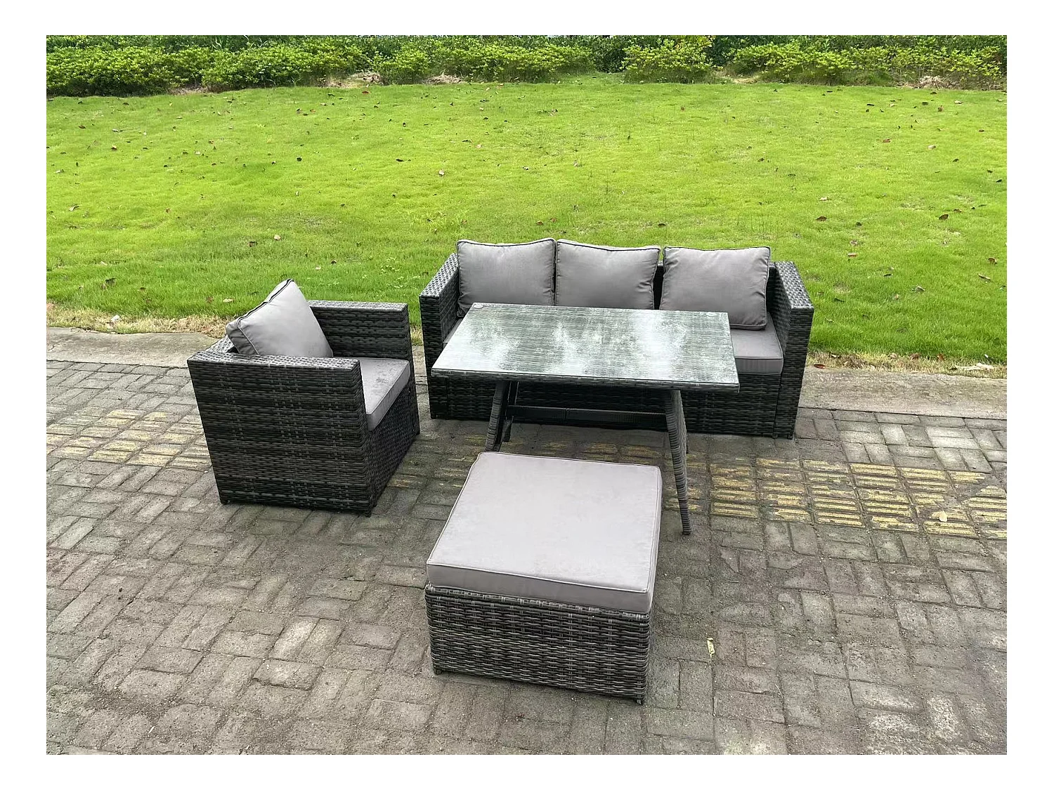 Ensemble Repas de Jardin Exterieur avec Table à manger oblongue Fauteuil Grand tabouret Gris foncé mixte