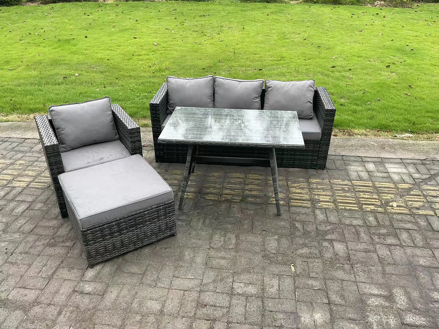 Ensemble Repas de Jardin Exterieur avec Table à manger oblongue Fauteuil Grand tabouret Gris foncé mixte