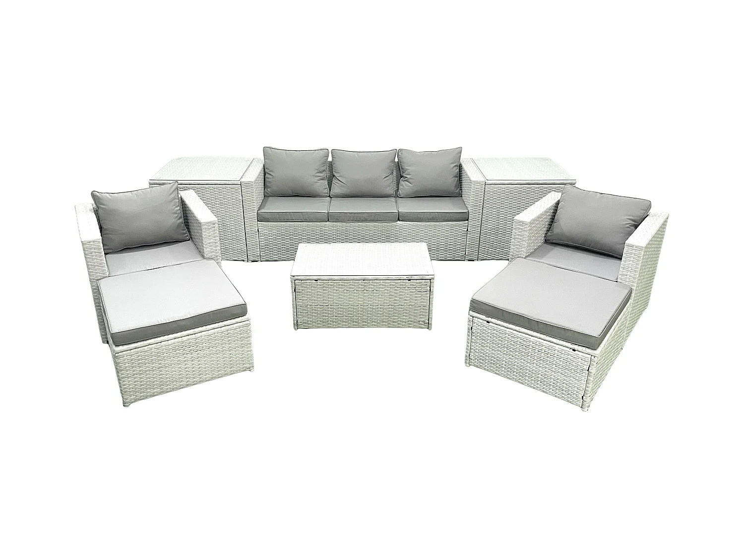 Salon de jardin avec Canapé 3 places 2 Chaise Table basse rectangulaire 2 Grand tabourets 2 Tables d'appoint Gris clair mixte 7 places