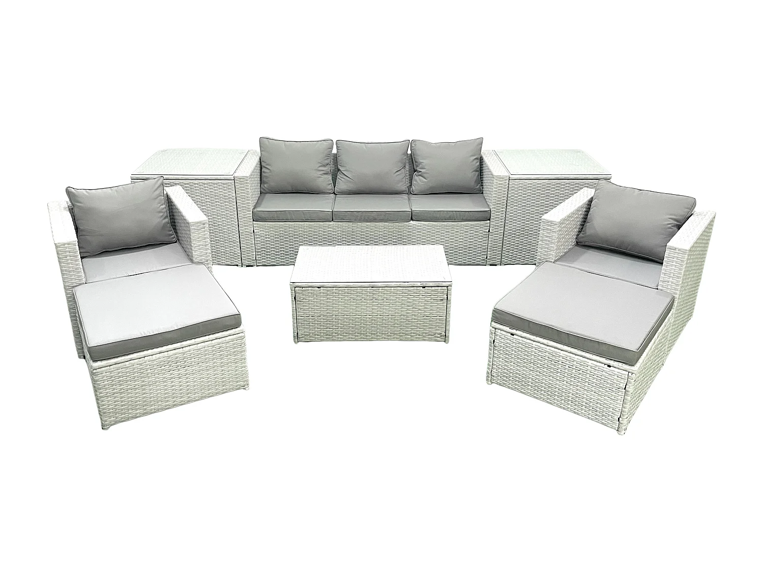 Salon de jardin avec Canapé 3 places 2 Chaise Table basse rectangulaire 2 Grand tabourets 2 Tables d'appoint Gris clair mixte 7 places