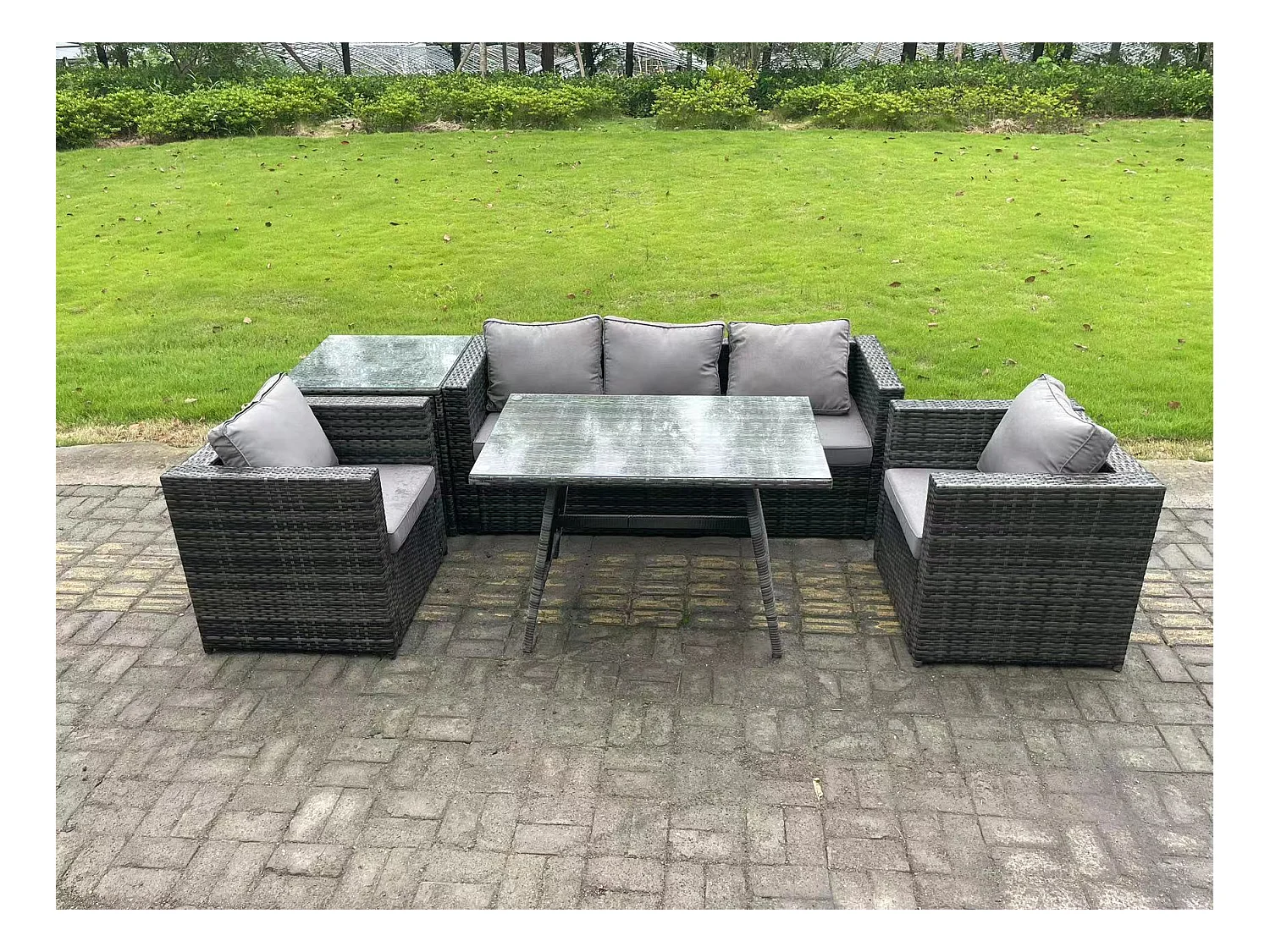 5 places Ensemble Repas de Jardin Exterieur avec Canapé Table à manger oblongue Fauteuil Table d'appoint Gris foncé mixte