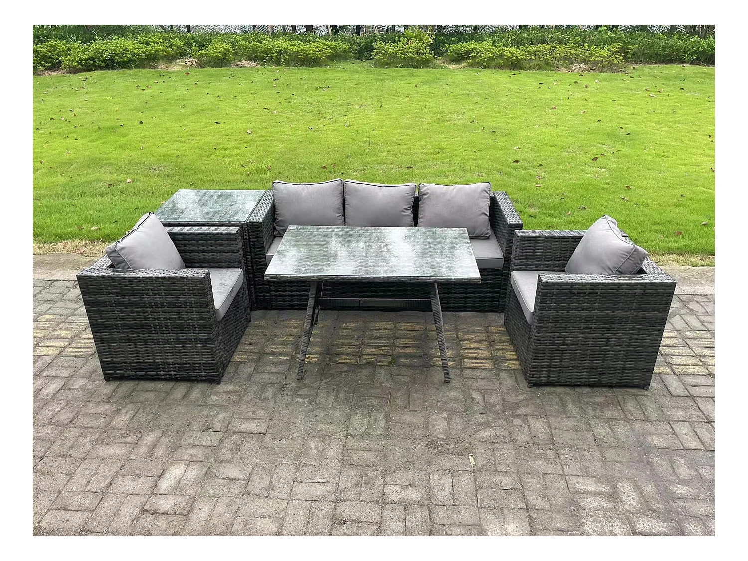 5 places Ensemble Repas de Jardin Exterieur avec Canapé Table à manger oblongue Fauteuil Table d'appoint Gris foncé mixte