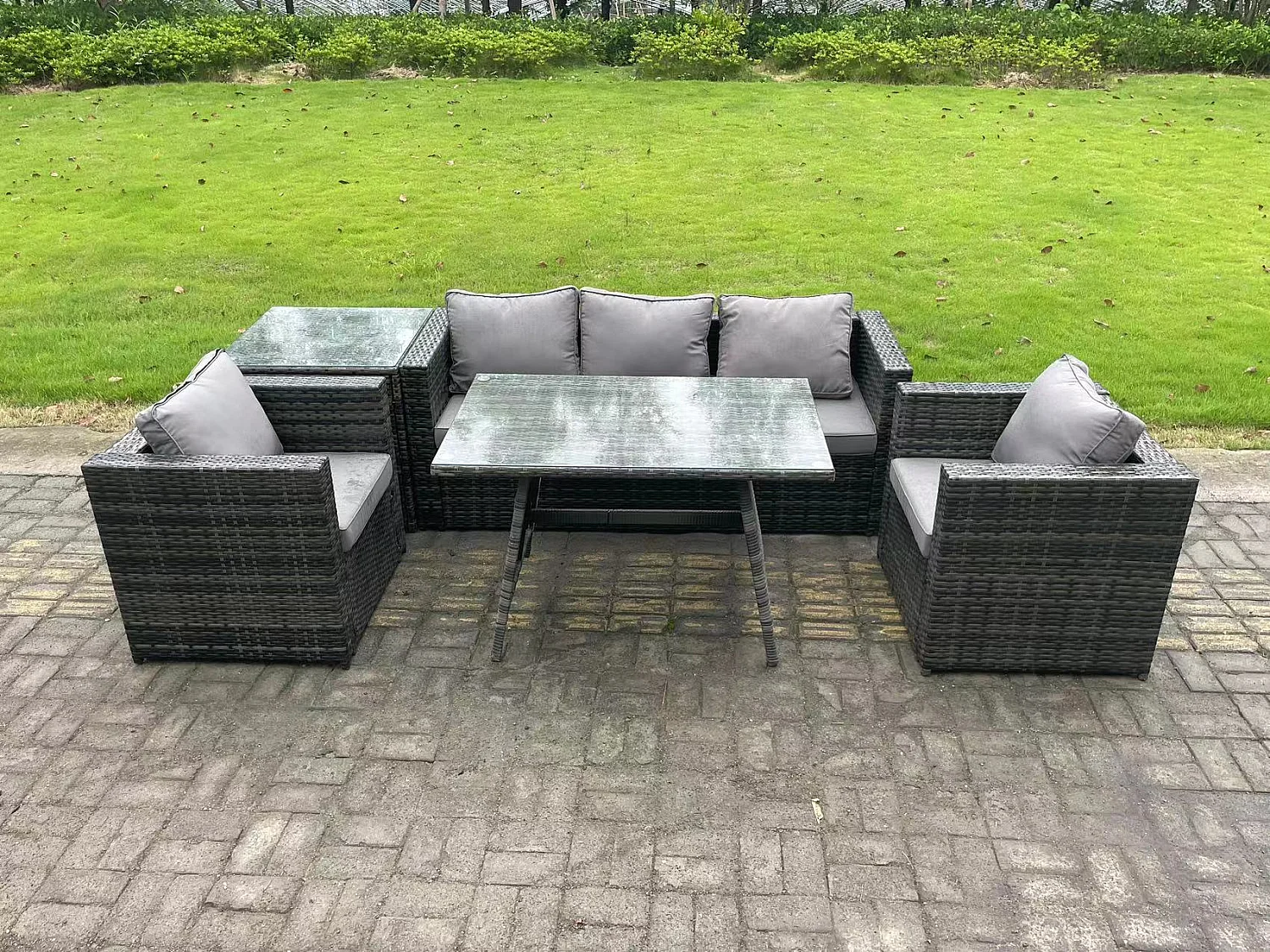 5 places Ensemble Repas de Jardin Exterieur avec Canapé Table à manger oblongue Fauteuil Table d'appoint Gris foncé mixte