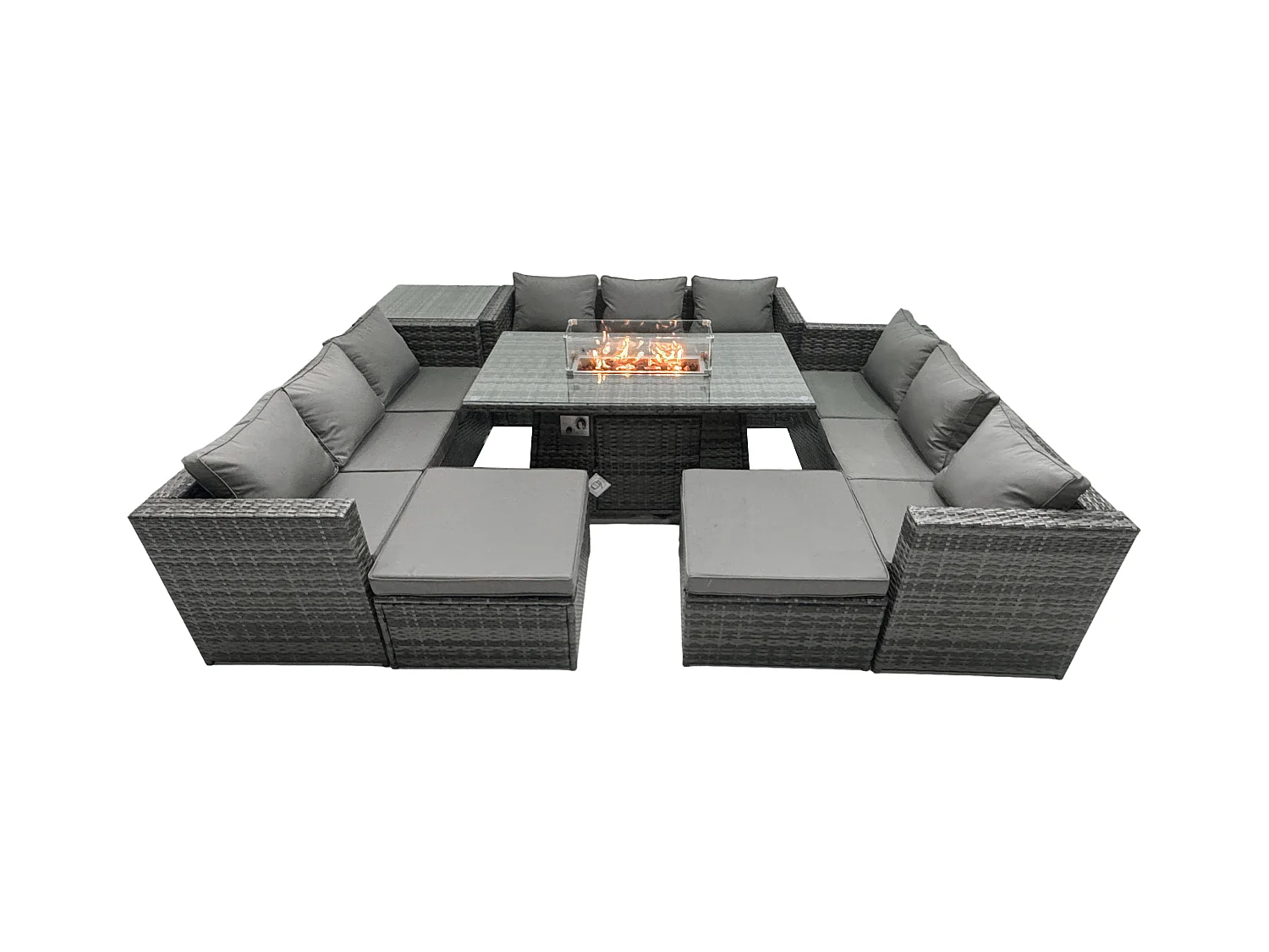 Rattan-Gartenmöbel Firepit Set Outdoor 10-Sitzer Esstisch Set mit Glasplatte Beistelltischen