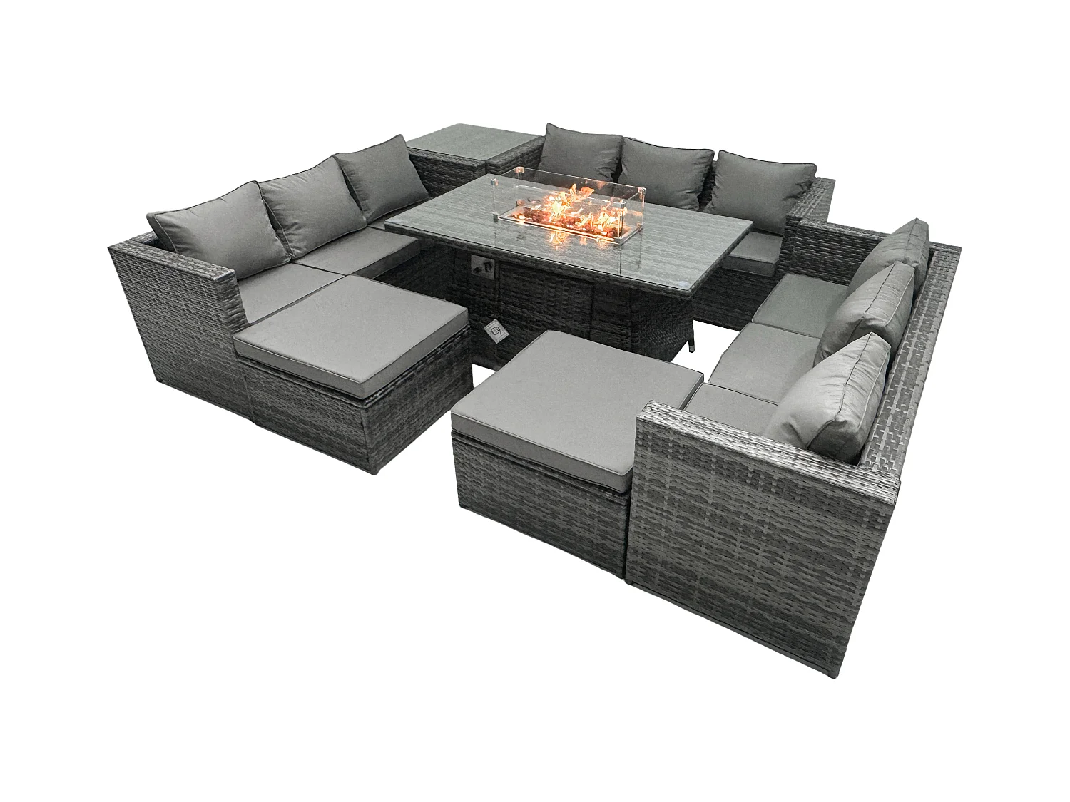 Rattan-Gartenmöbel Firepit Set Outdoor 10-Sitzer Esstisch Set mit Glasplatte Beistelltischen