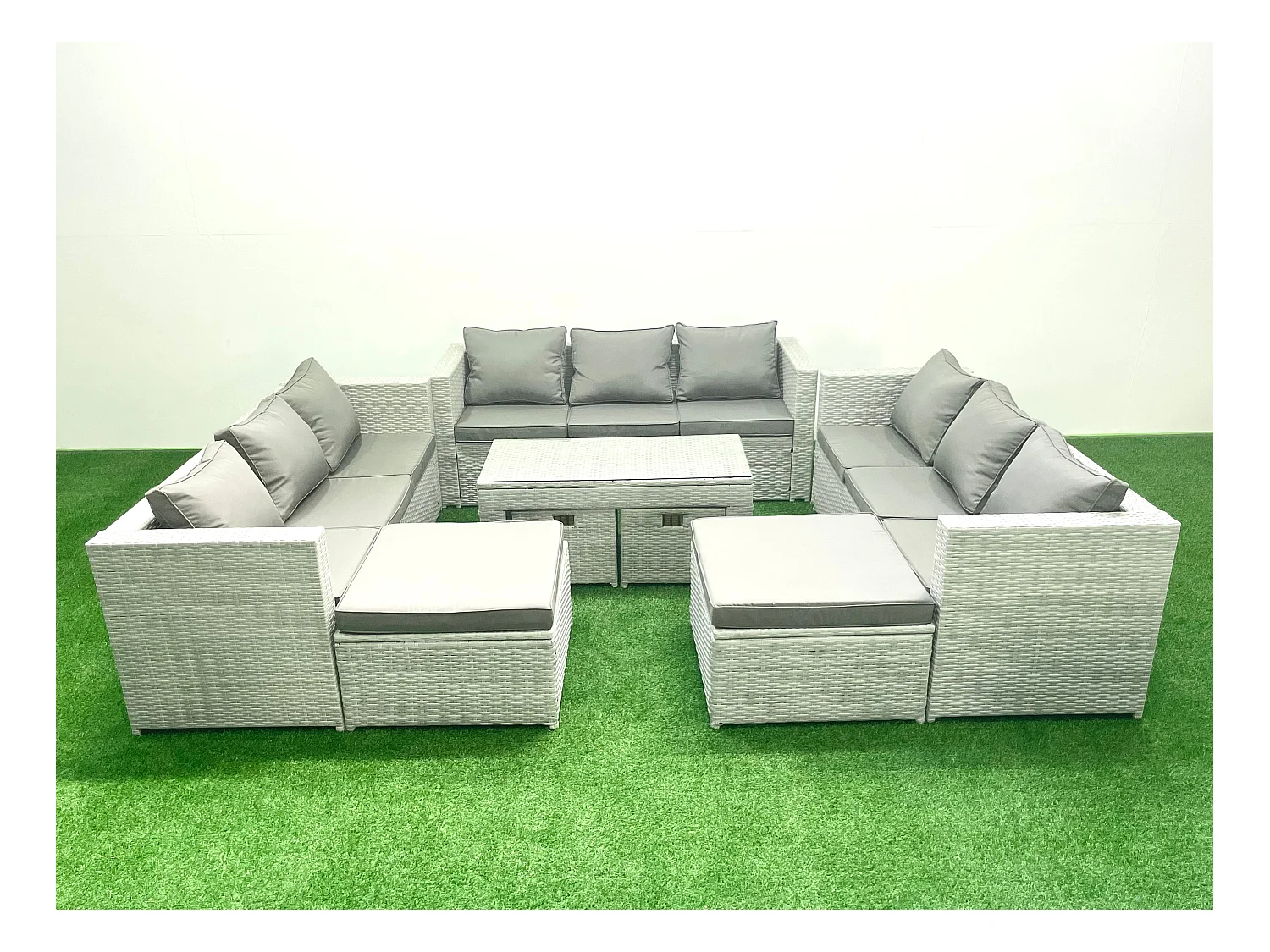 Polyrattan Gartenmöbelset mit Graue Kissen 10-Sitzer mit Couchtisch