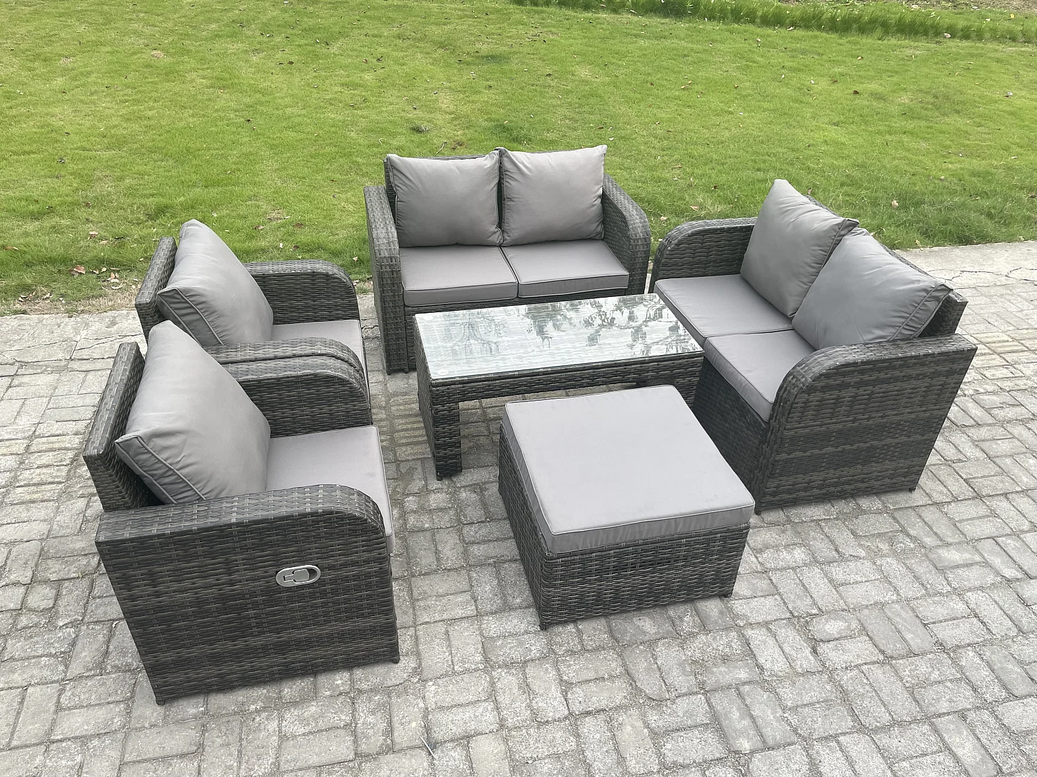 Polyrattan Gartenmöbel Set mit Rechteckiger Couchtisch 2 Großer Hockern 7-Sitzer Polyrattan Garten Sofa im Freien Set