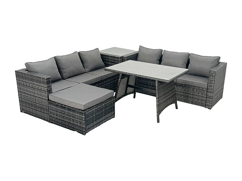 7-Sitzer Rattan Garten Esstisch Set Outdoor Möbel Sofa mit Esstisch 2 Großer Hockern Beistelltisch Dunkelgrau Gemischt