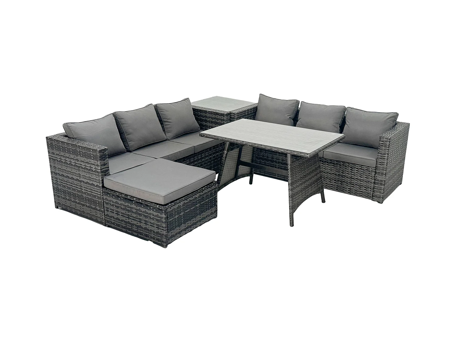 7-Sitzer Rattan Garten Esstisch Set Outdoor Möbel Sofa mit Esstisch 2 Großer Hockern Beistelltisch Dunkelgrau Gemischt