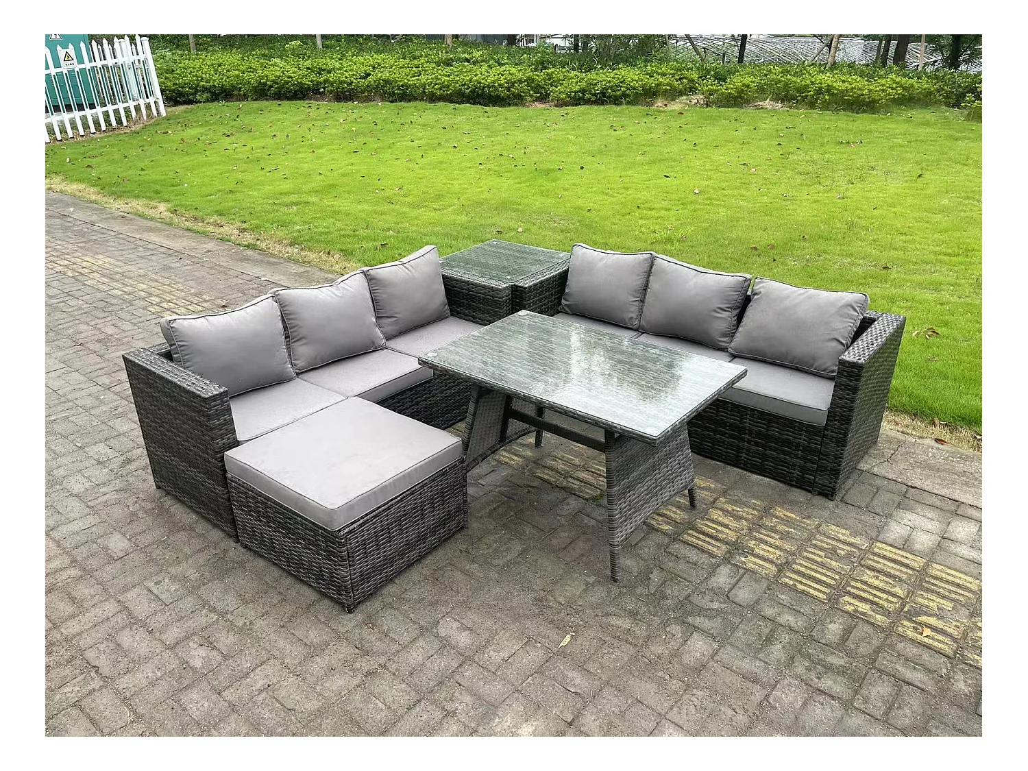 7-Sitzer Rattan Garten Esstisch Set Outdoor Möbel Sofa mit Esstisch 2 Großer Hockern Beistelltisch Dunkelgrau Gemischt
