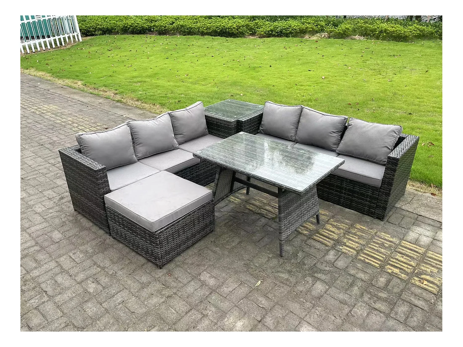 7-Sitzer Rattan Garten Esstisch Set Outdoor Möbel Sofa mit Esstisch 2 Großer Hockern Beistelltisch Dunkelgrau Gemischt
