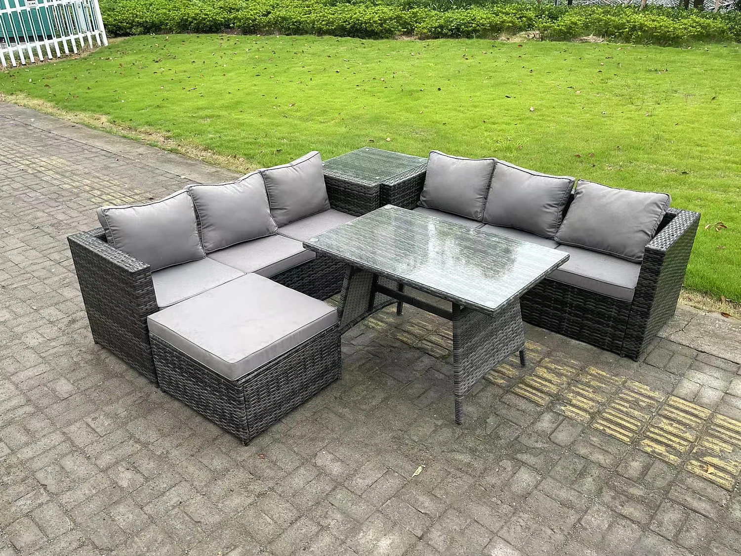 7-Sitzer Rattan Garten Esstisch Set Outdoor Möbel Sofa mit Esstisch 2 Großer Hockern Beistelltisch Dunkelgrau Gemischt