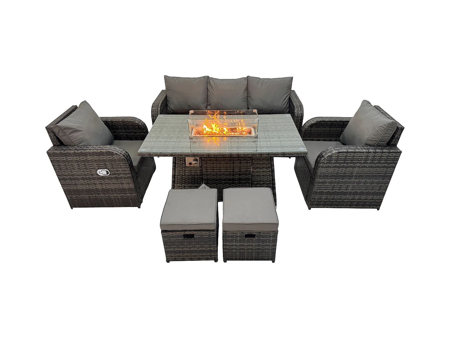 Polyrattan Gartenmöbel Set Garten Sofa im Freien Gasfeuerstelle Esstisch Set mit 3-Sitzer Sofa 2 kleine Fußhockern Dunkelgrau Gemischt