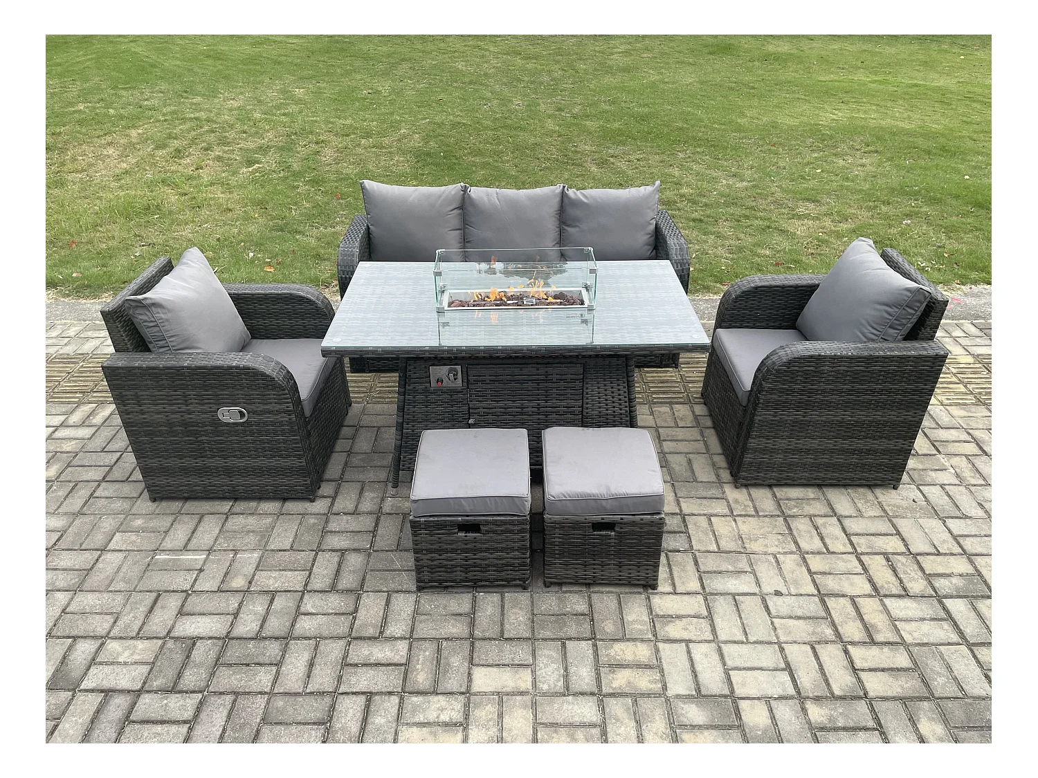 Polyrattan Gartenmöbel Set Garten Sofa im Freien Gasfeuerstelle Esstisch Set mit 3-Sitzer Sofa 2 kleine Fußhockern Dunkelgrau Gemischt