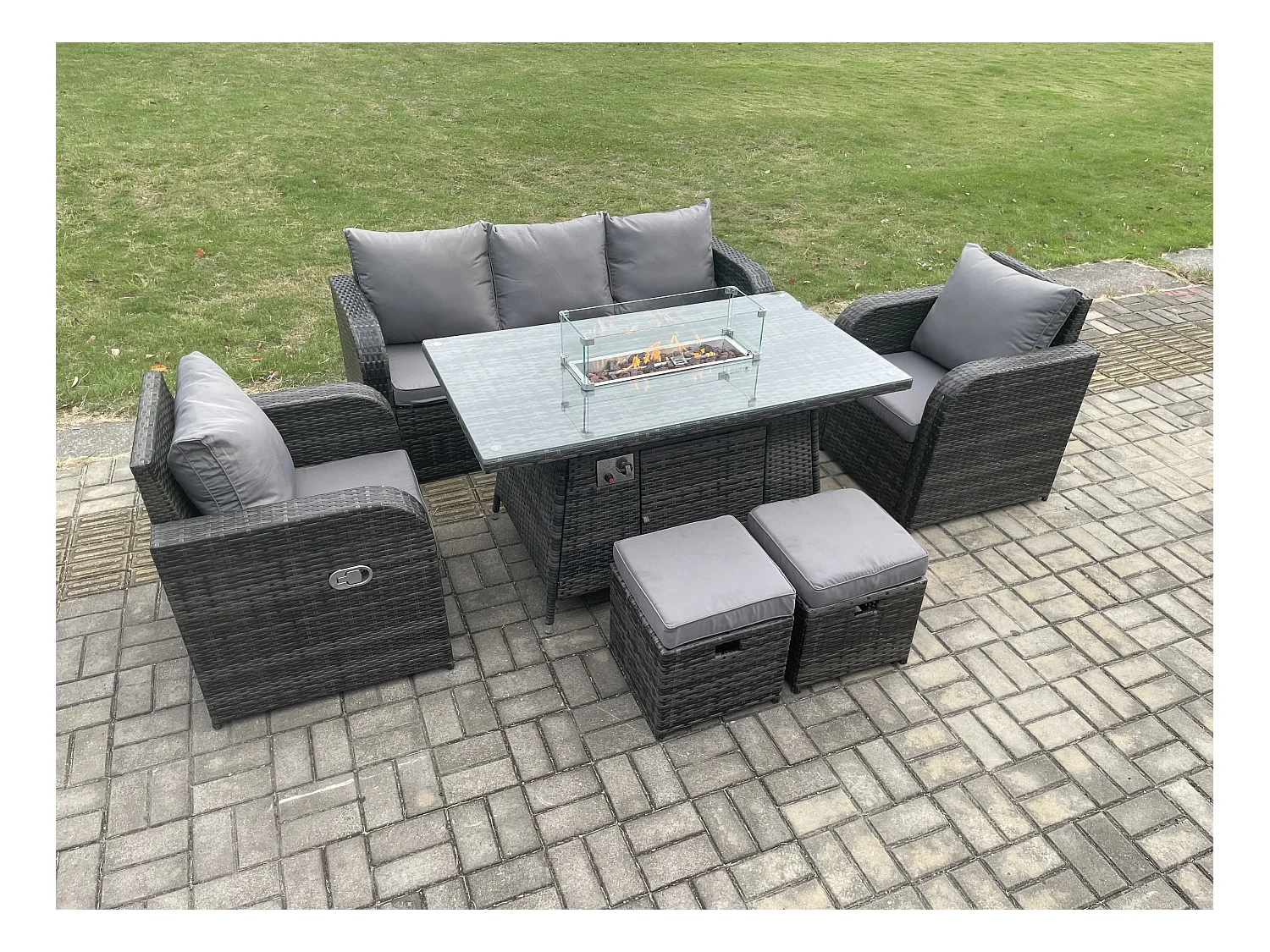 Polyrattan Gartenmöbel Set Garten Sofa im Freien Gasfeuerstelle Esstisch Set mit 3-Sitzer Sofa 2 kleine Fußhockern Dunkelgrau Gemischt