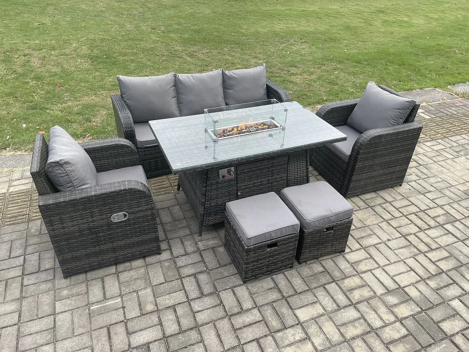 Ensemble Salon de Jardin Extérieur en polyrotin Table de foyer à gaz et Fauteuil avec Canapé 3 places 2 Petits tabourets Gris foncé mixte