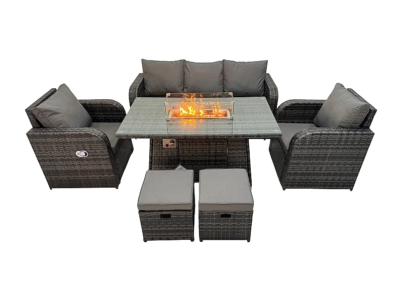 Ensemble Salon de Jardin Extérieur en polyrotin Table de foyer à gaz et Fauteuil avec Canapé 3 places 2 Petits tabourets Gris foncé mixte