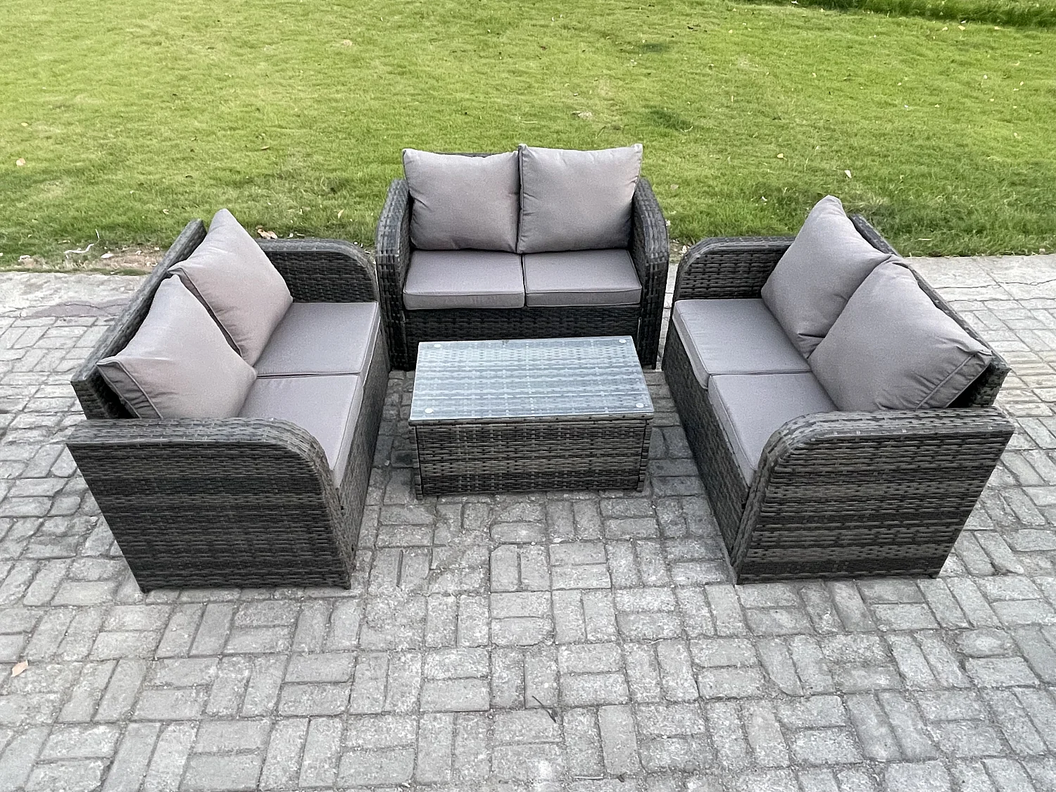 Gartenmöbel-Sets 6-Sitzer Polyrattan Möbel Sofa Sets mit Rechteckiger Couchtisch Love Sofa Dunkelgrau Gemischt