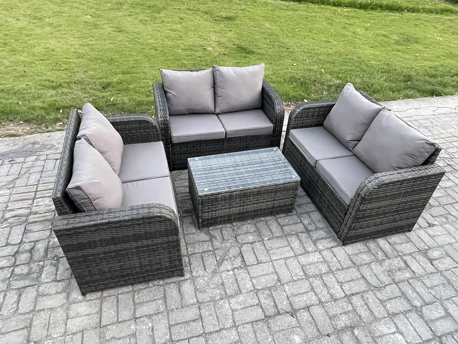 Gartenmöbel-Sets 6-Sitzer Polyrattan Möbel Sofa Sets mit Rechteckiger Couchtisch Love Sofa Dunkelgrau Gemischt