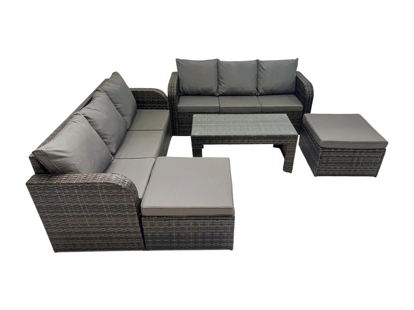 Garten Sofa im Freien Set Polyrattan Gartenmöbel Set mit Rechteckiger Couchtisch 2 hohen Hockern 3-Sitzer Sofa Dunkelgrau Gemischt
