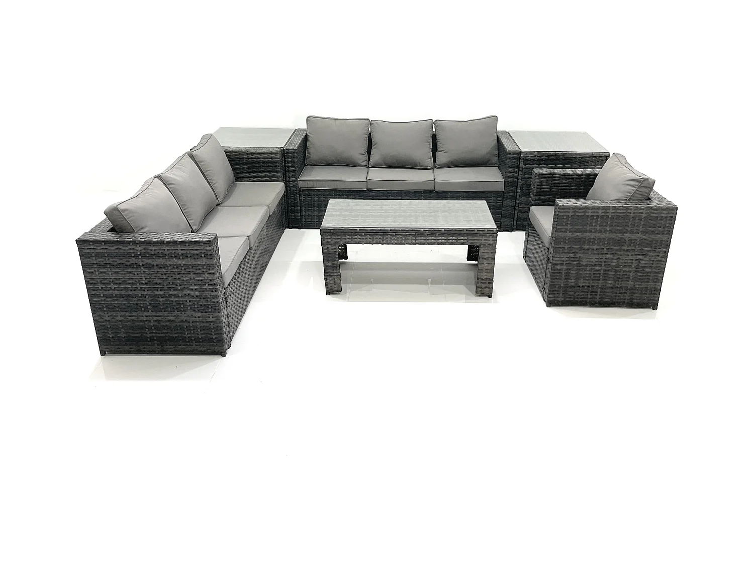 7 places Salon de jardin Ensemble de canapés en rotin avec Table basse Fauteuil 2 Tables d'appoint Gris foncé mixte