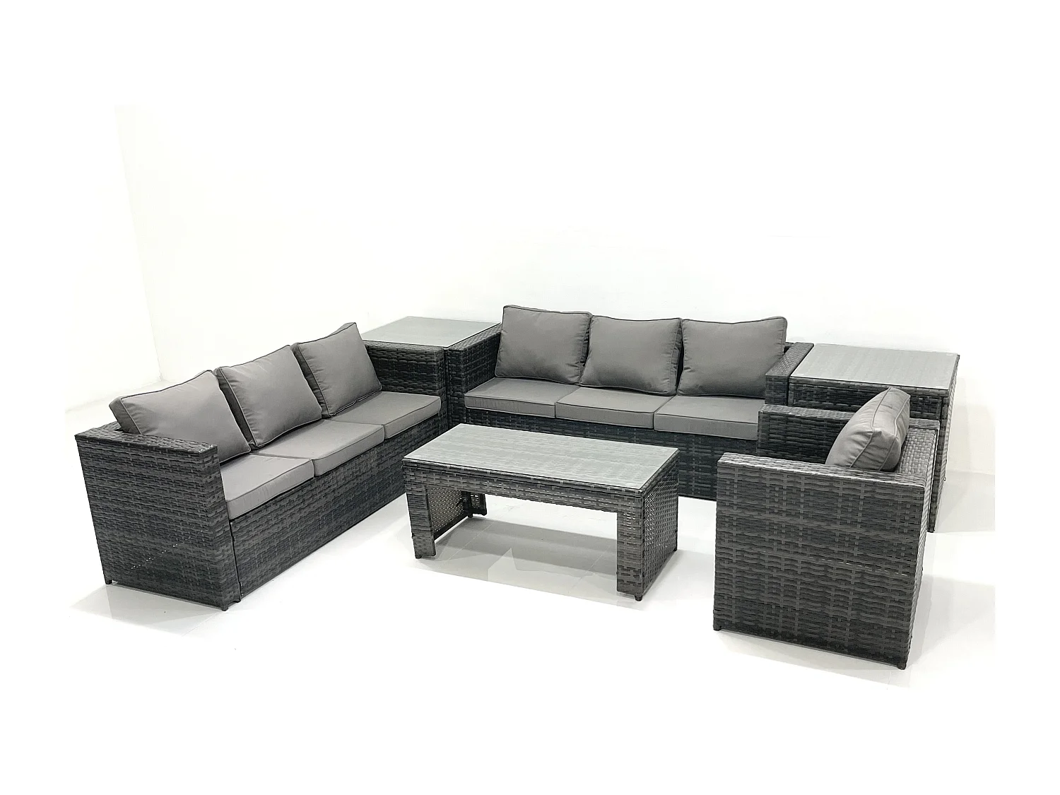 7 places Salon de jardin Ensemble de canapés en rotin avec Table basse Fauteuil 2 Tables d'appoint Gris foncé mixte