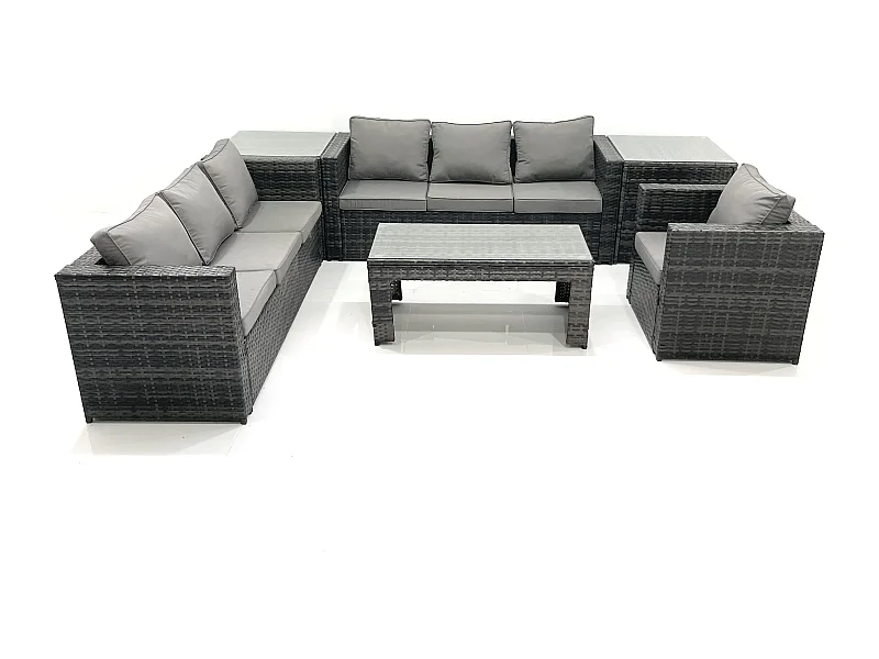 7 places Salon de jardin Ensemble de canapés en rotin avec Table basse Fauteuil 2 Tables d'appoint Gris foncé mixte