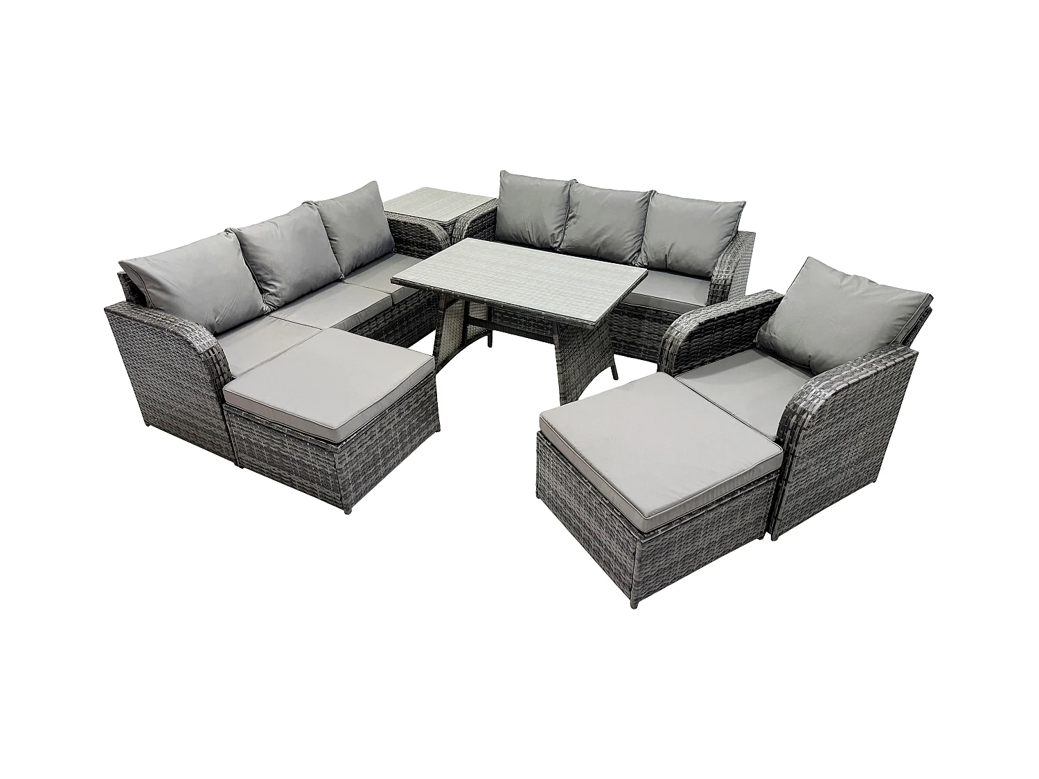 7 Pièces Ensemble de meubles de jardin en polyrotin avec Table à manger rectangulaire Fauteuil 2 Grand tabourets Table d'appoint Gris foncé mixte