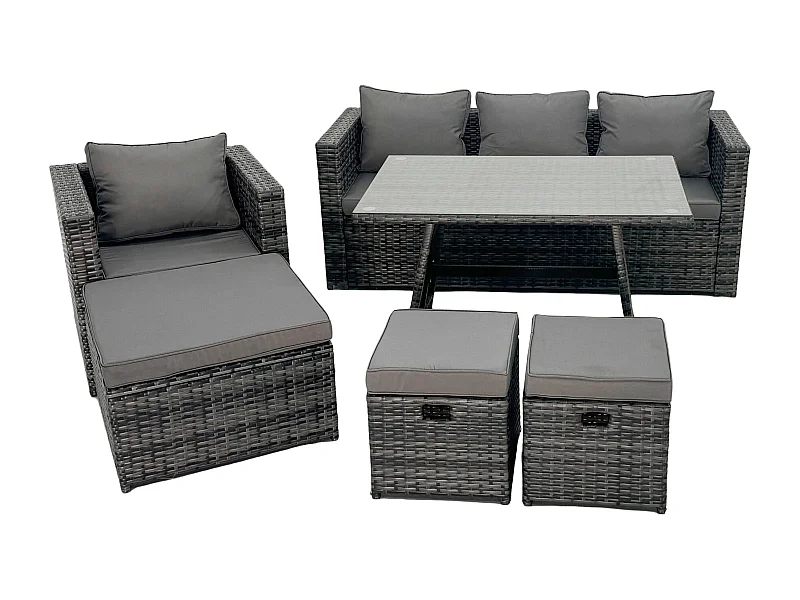 Gris foncé mixte Salon de Jardin Extérieur en Résine avec Fauteuil Table à manger rectangulaire Grand tabouret 2 Petits tabourets 7 places