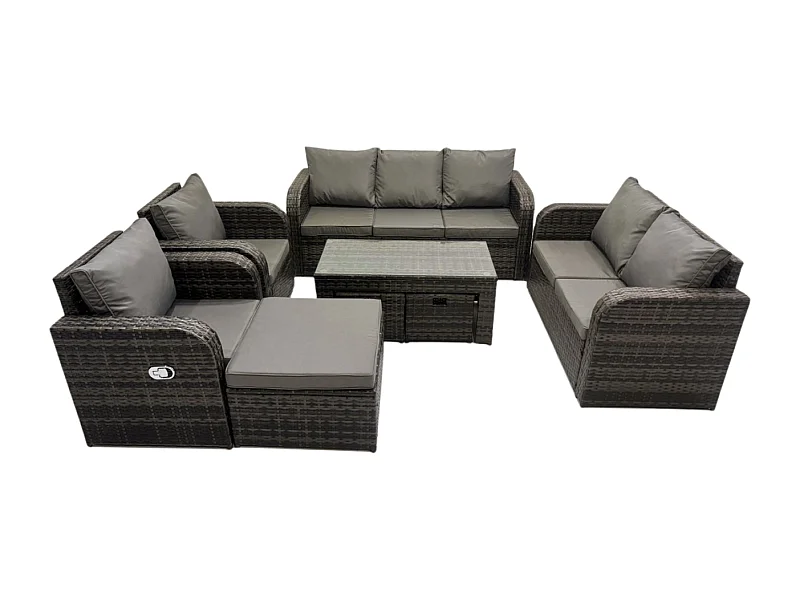 Polyrattan Gartenmöbelset Rattan Lounge Sofa Set mit Rechteckiger Couchtisch 3 Hockern Dunkelgrau Gemischt