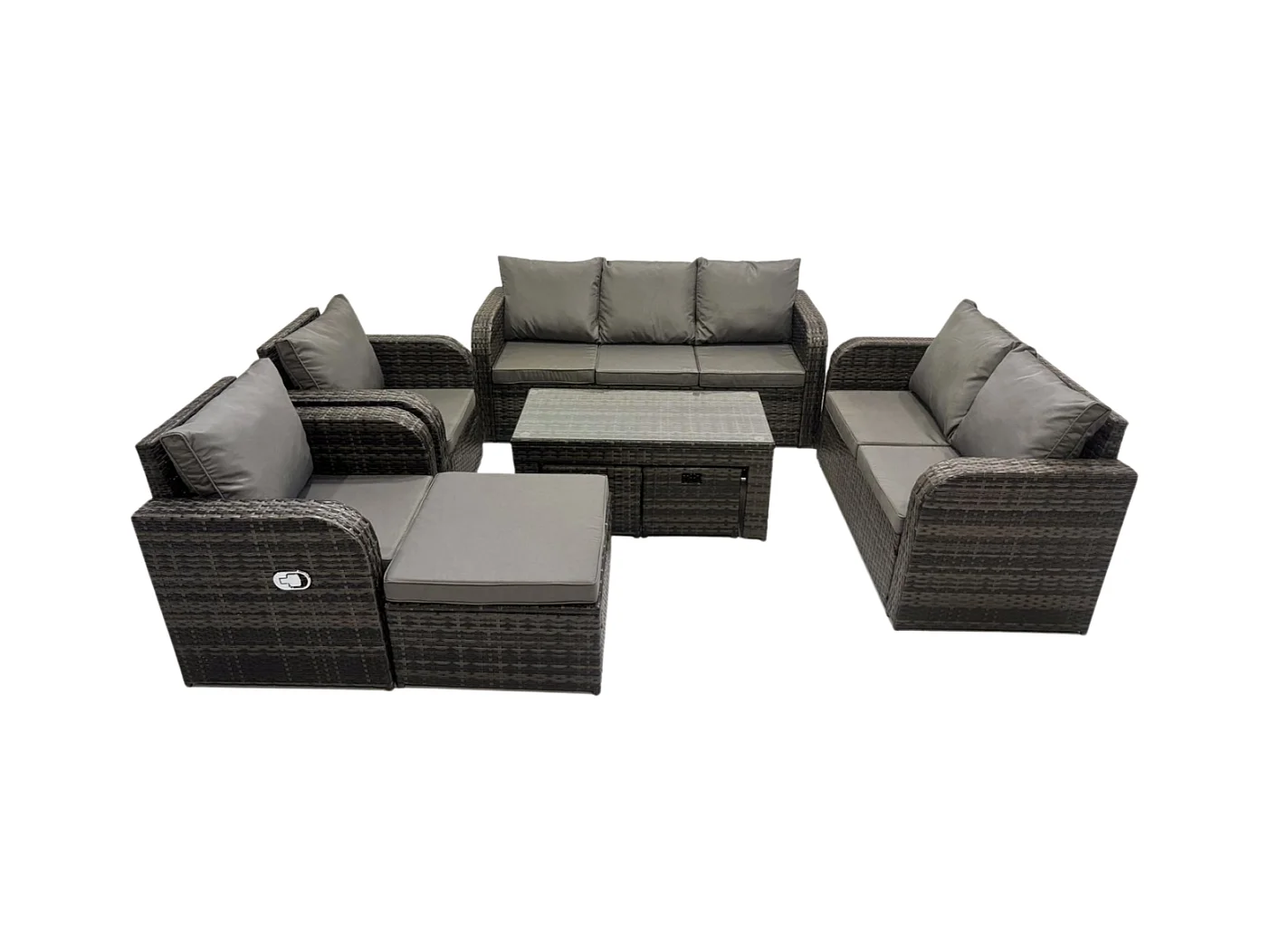 Polyrattan Gartenmöbelset Rattan Lounge Sofa Set mit Rechteckiger Couchtisch 3 Hockern Dunkelgrau Gemischt