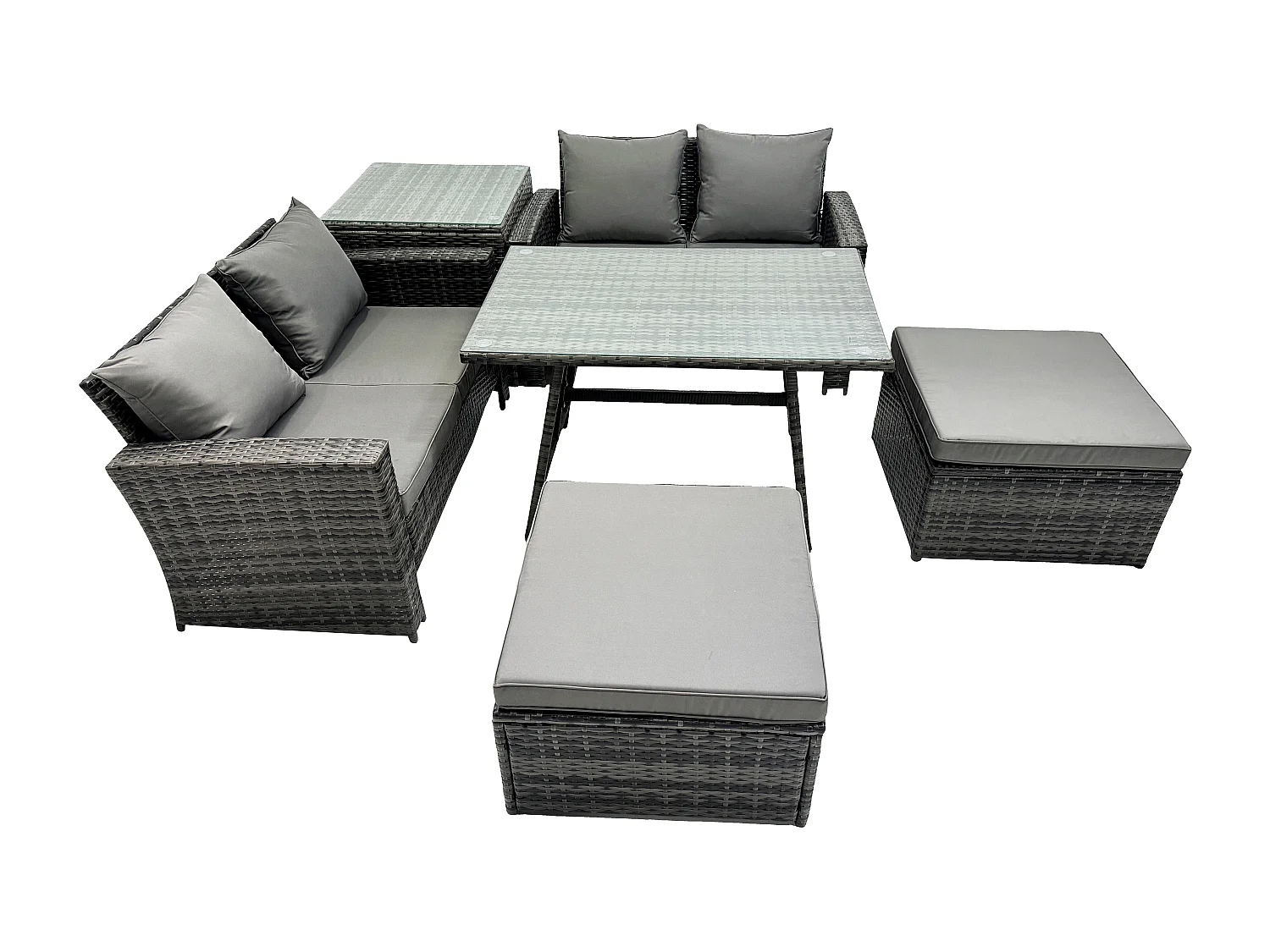 6-Sitzer Garten Esstisch Set Polyrattan Outdoor Möbel Sofa mit Rechteckiger Esstisch Doppelsitz Sofa 2 hohen Hockern Beistelltisch Dunkelgrau Gemischt