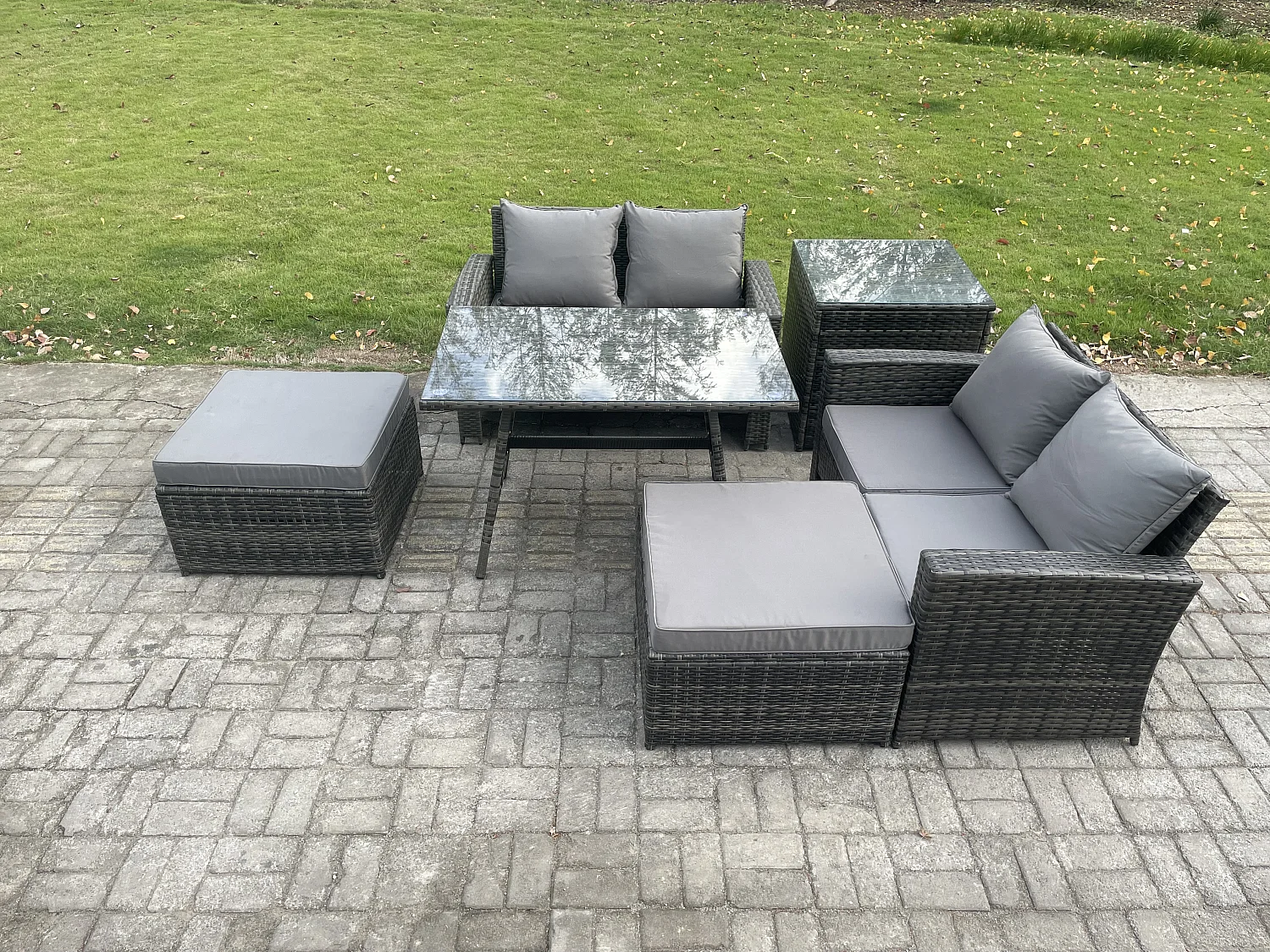 6-Sitzer Garten Esstisch Set Polyrattan Outdoor Möbel Sofa mit Rechteckiger Esstisch Doppelsitz Sofa 2 hohen Hockern Beistelltisch Dunkelgrau Gemischt