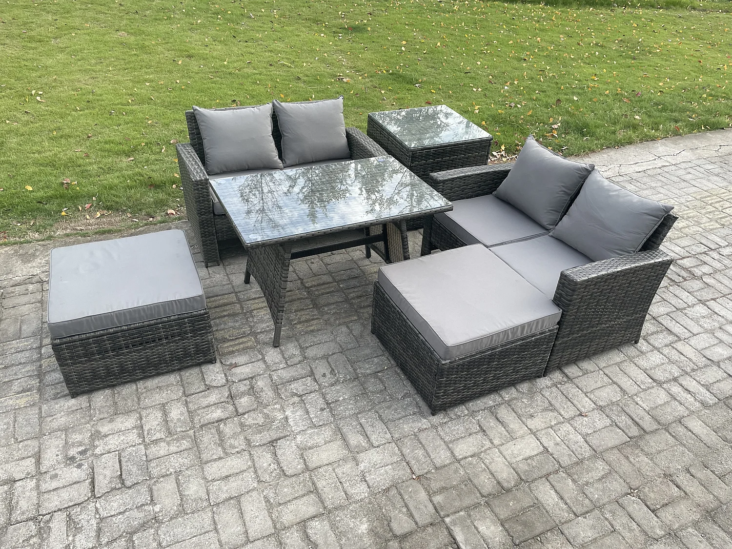6-Sitzer Garten Esstisch Set Polyrattan Outdoor Möbel Sofa mit Rechteckiger Esstisch Doppelsitz Sofa 2 hohen Hockern Beistelltisch Dunkelgrau Gemischt