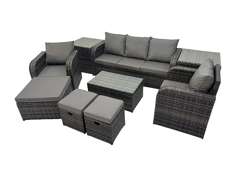 Salon de jardin avec Table basse rectangulaire 3 Tabourets Canapé 3 places 2 Tables d'appoint Gris foncé mixte