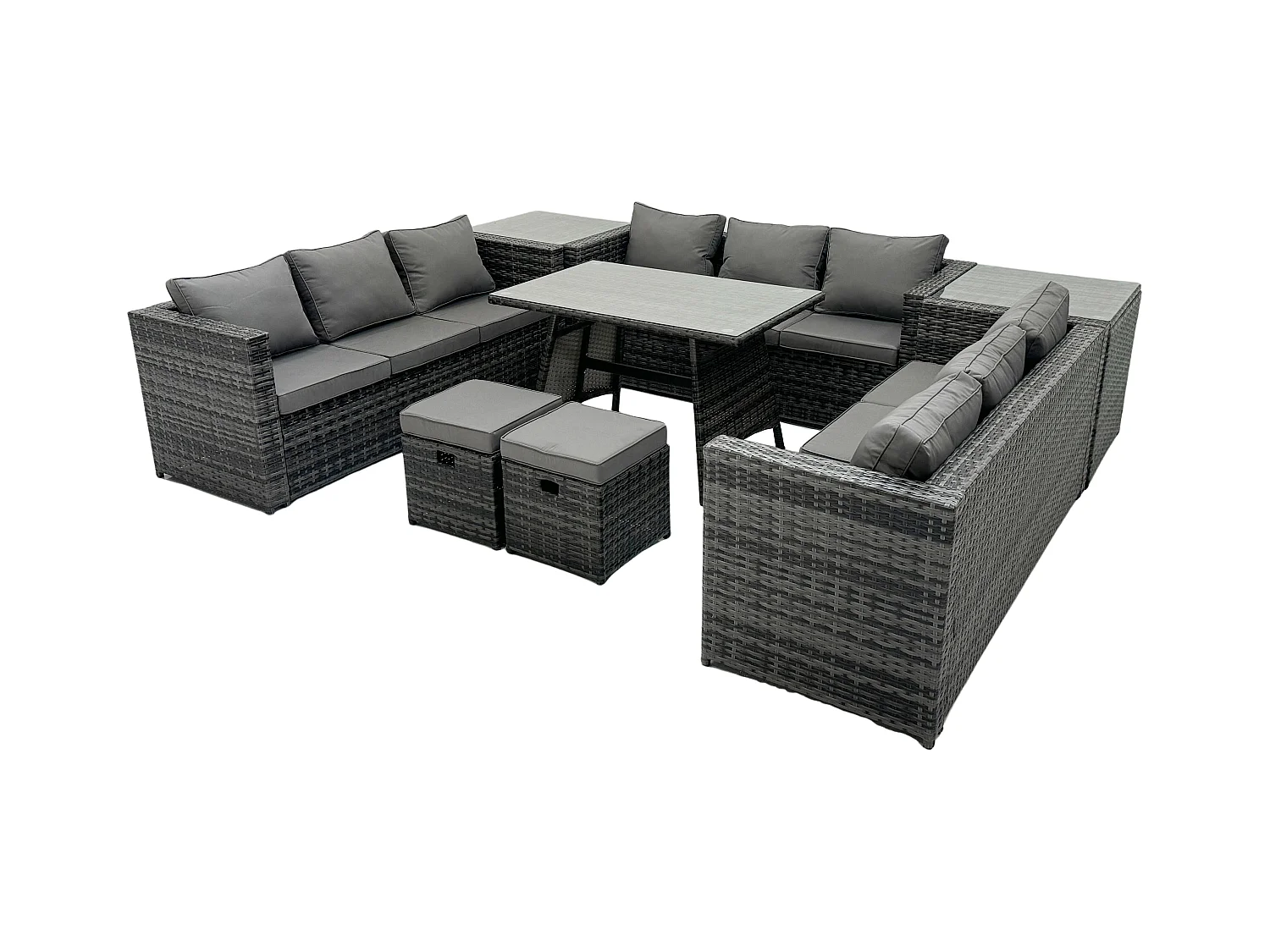 Polyrattan Gartenmöbel Set im Balkon Lounge Sofa Garten Esstisch Set mit 2 Beistelltischen 2 kleine Fußhockern Dunkelgrau Gemischt