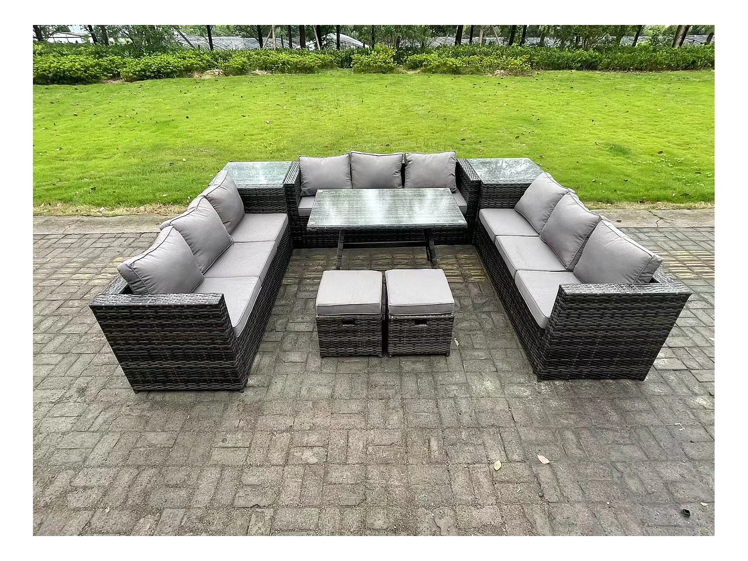 Polyrattan Gartenmöbel Set im Balkon Lounge Sofa Garten Esstisch Set mit 2 Beistelltischen 2 kleine Fußhockern Dunkelgrau Gemischt
