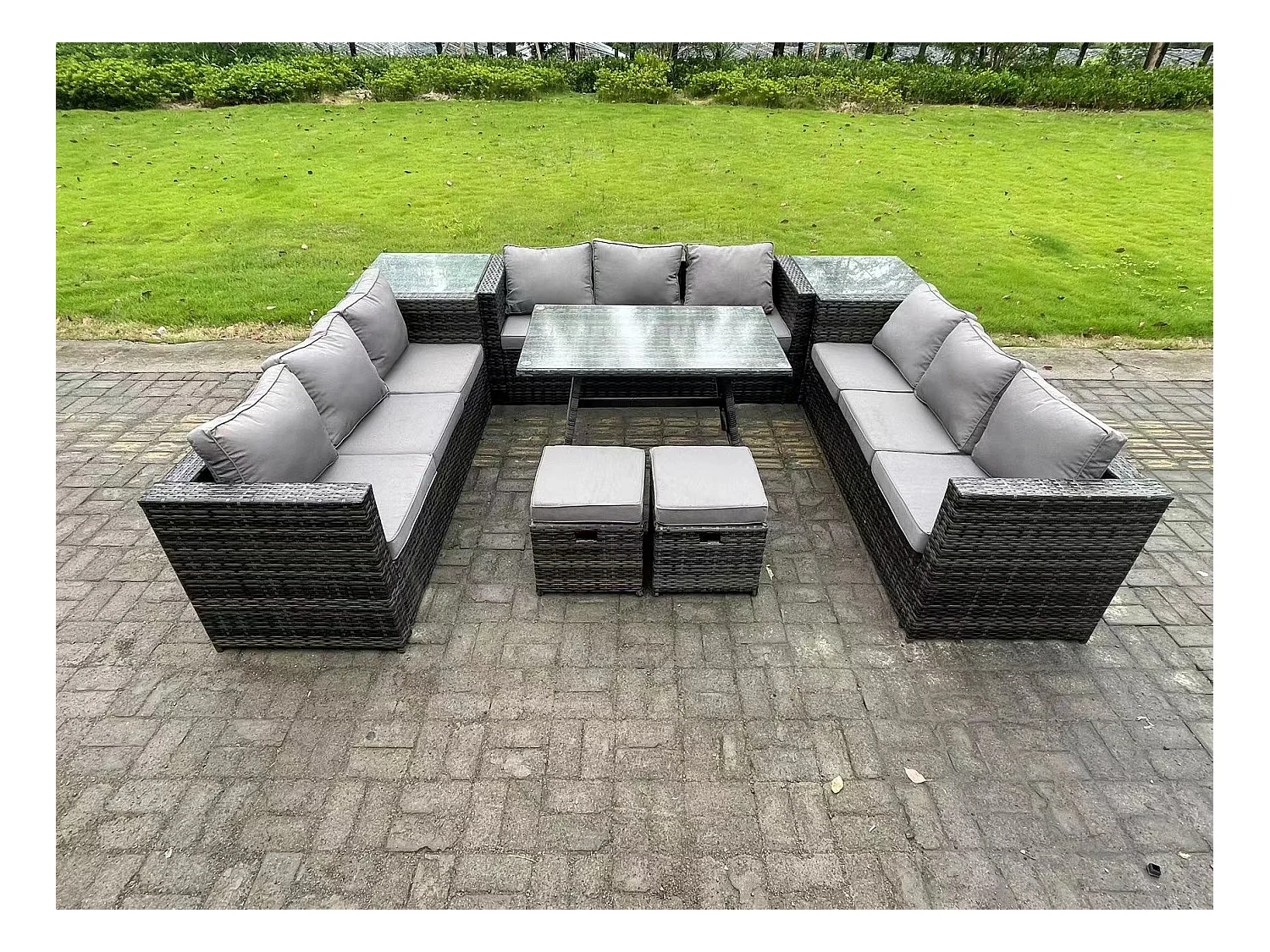 Polyrattan Gartenmöbel Set im Balkon Lounge Sofa Garten Esstisch Set mit 2 Beistelltischen 2 kleine Fußhockern Dunkelgrau Gemischt