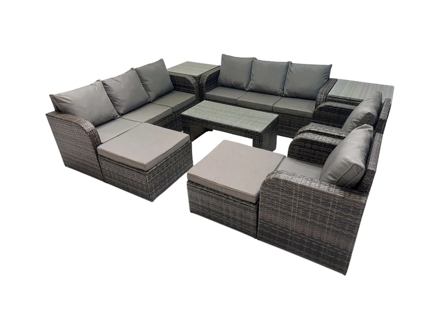 10-Sitzer Polyrattan Sofa Set Terrassen Gartenmöbelset mit Liegestühle Couchtisch 2 Beistelltischen 2 hohen Hockern Dunkelgrau Gemischt