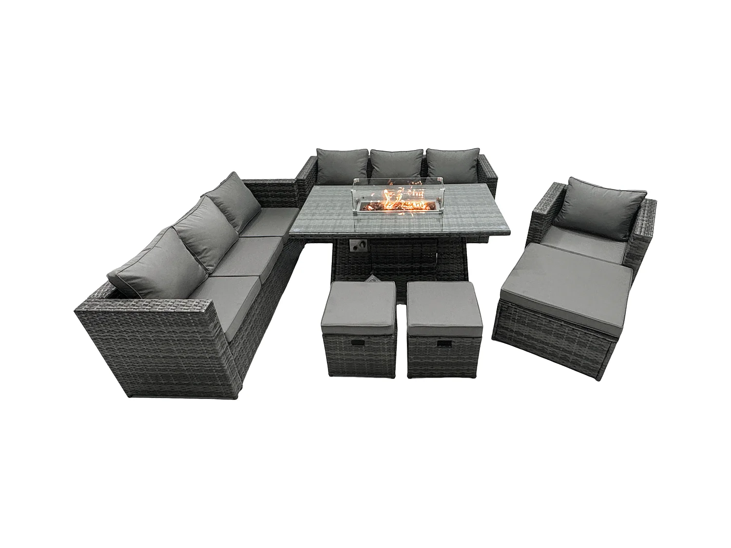Ensemble de meubles de jardin en rotin ave Table de foyer à gaz 7 places Ensemble de canapés avec 3 Tabourets