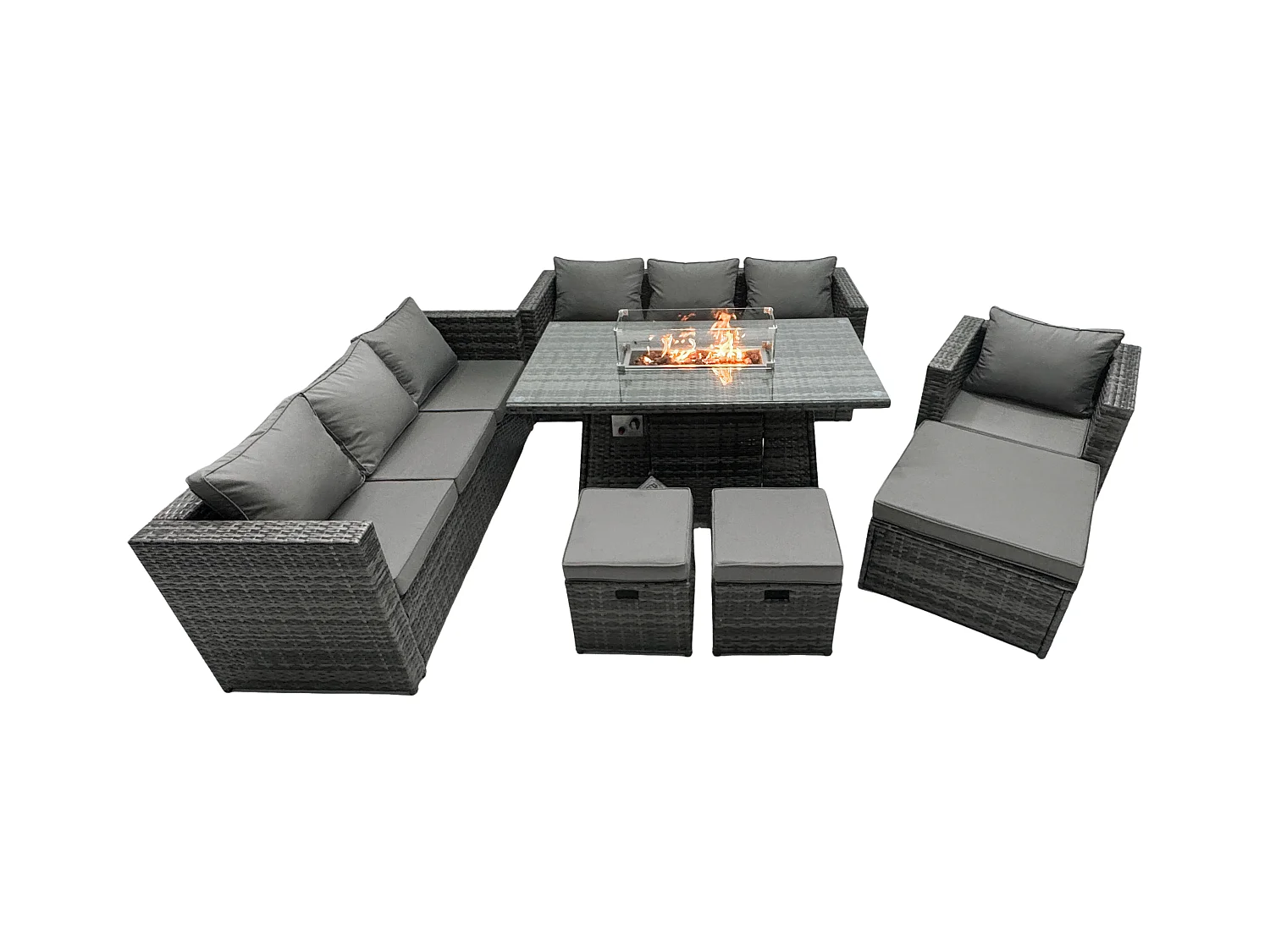 Ensemble de meubles de jardin en rotin ave Table de foyer à gaz 7 places Ensemble de canapés avec 3 Tabourets