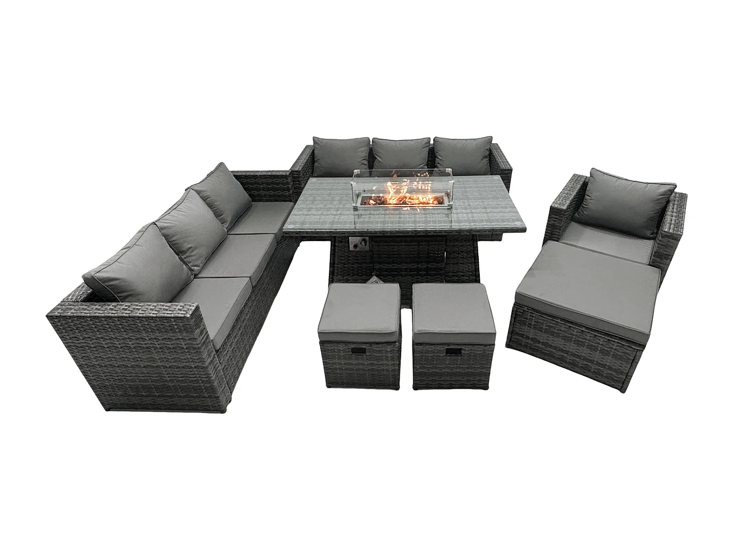 Rattan Gartenmöbel Set 7-Sitzer Garten Sofa Gas Feuertisch Set mit 3 Hockern