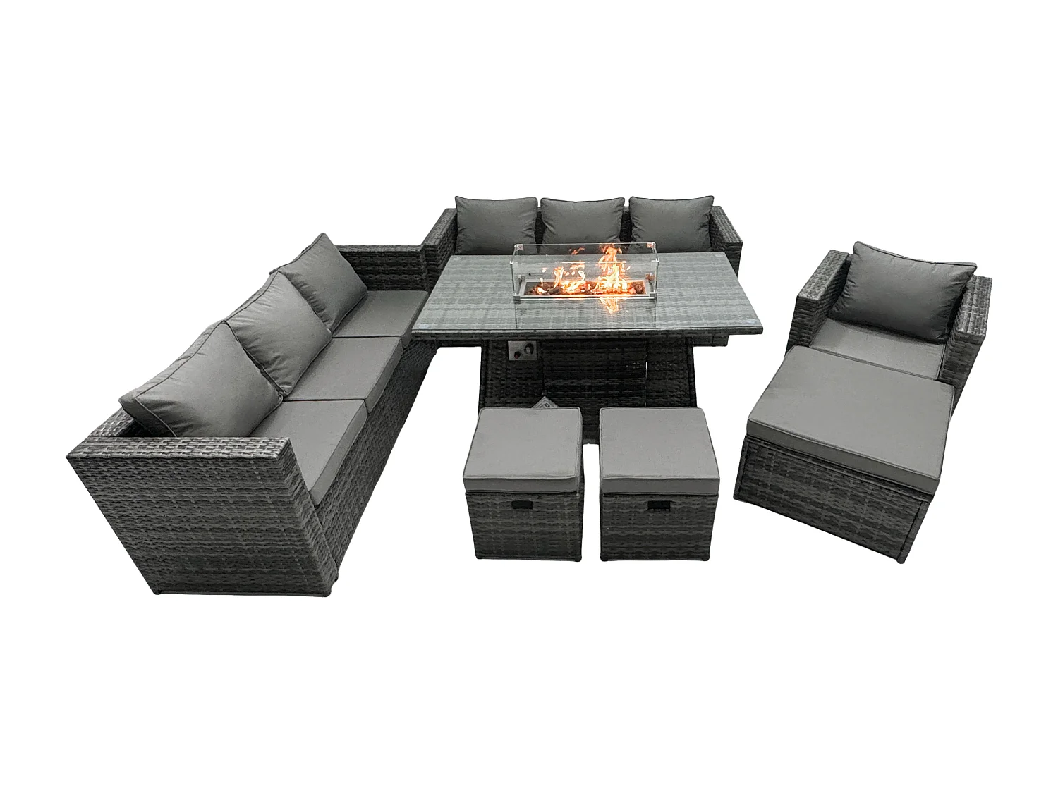 Rattan Gartenmöbel Set 7-Sitzer Garten Sofa Gas Feuertisch Set mit 3 Hockern