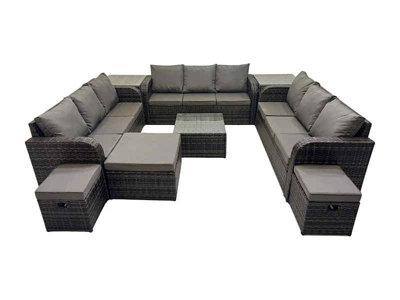 12-Sitzer Rattan Gartenmöbel Set im Balkon Set Patio Garten Sofa Set mit Quadratischer Couchtisch 3-Sitzer Sofa 3 Hockern 2 Beistelltischen Dunkelgrau Gemischt