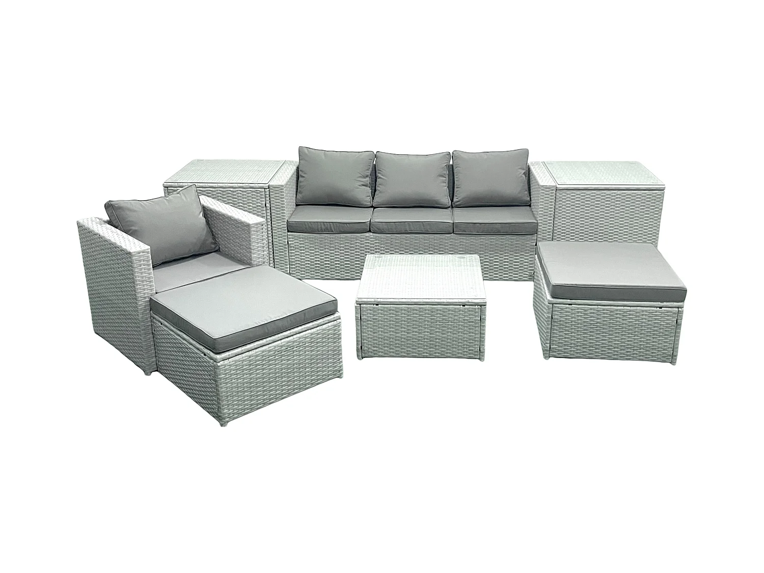 Gartenmöbel-Set 6-Sitzer Polyrattan Sofa Set mit 2 hohen Hockern Sessel 2 Beistelltischen Hellgrau gemischt