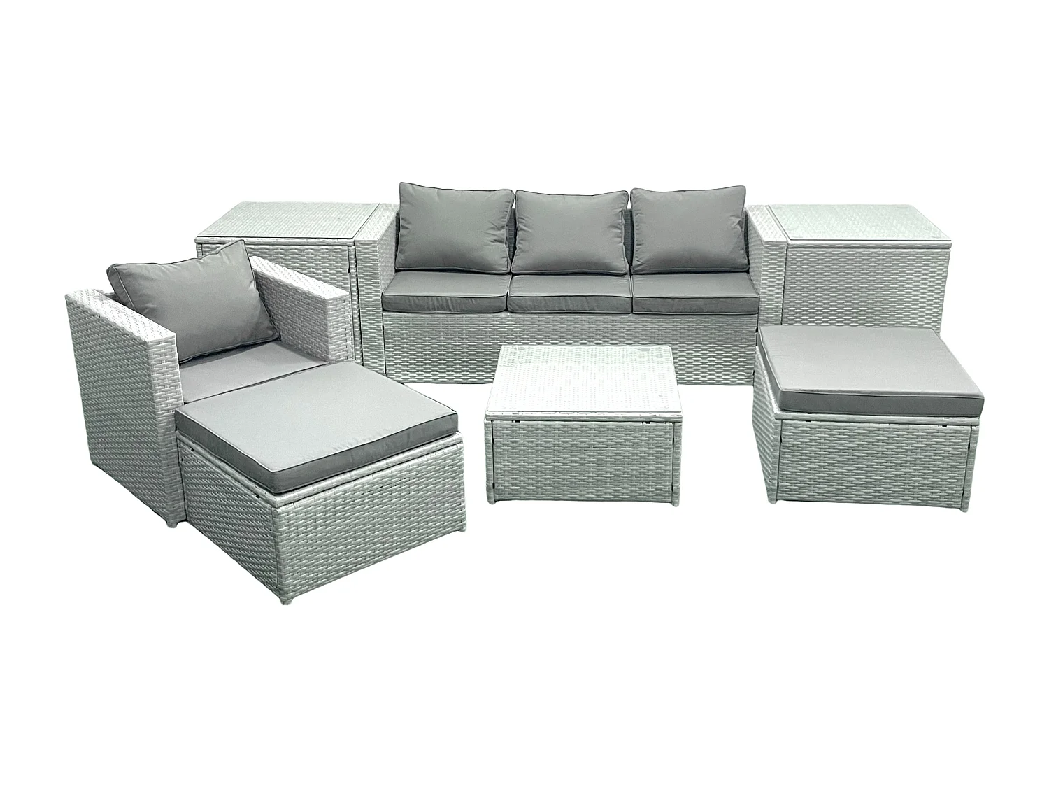 Gartenmöbel-Set 6-Sitzer Polyrattan Sofa Set mit 2 hohen Hockern Sessel 2 Beistelltischen Hellgrau gemischt