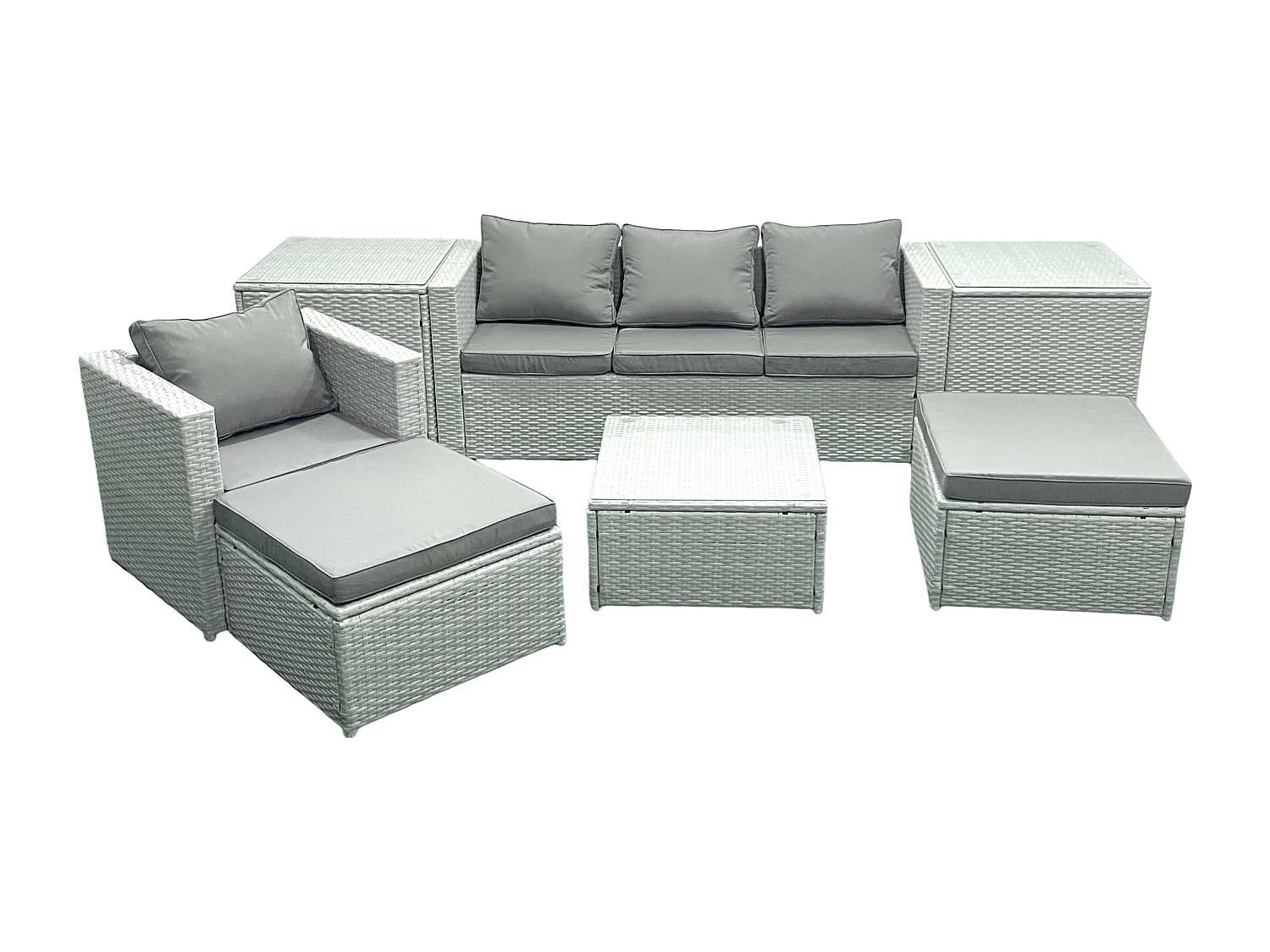 Gartenmöbel-Set 6-Sitzer Polyrattan Sofa Set mit 2 hohen Hockern Sessel 2 Beistelltischen Hellgrau gemischt