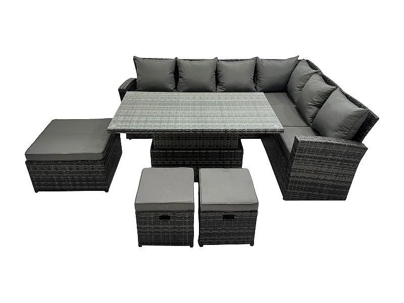 9-Sitzer Hoher Rücken höhenverstellbarer Tisch Ecksofa Set Gartenmöbel Fußhockern Dunkelgrau Gemischt
