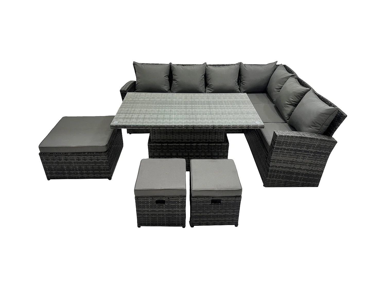 9-Sitzer Hoher Rücken höhenverstellbarer Tisch Ecksofa Set Gartenmöbel Fußhockern Dunkelgrau Gemischt