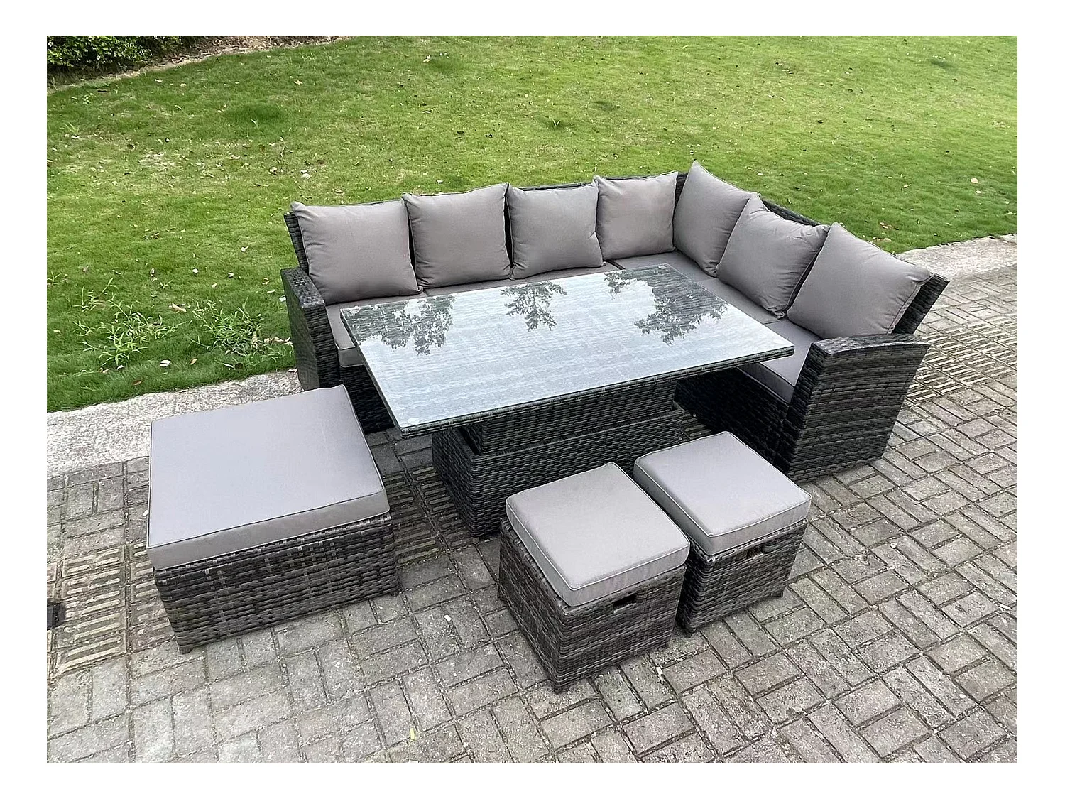9-Sitzer Hoher Rücken höhenverstellbarer Tisch Ecksofa Set Gartenmöbel Fußhockern Dunkelgrau Gemischt